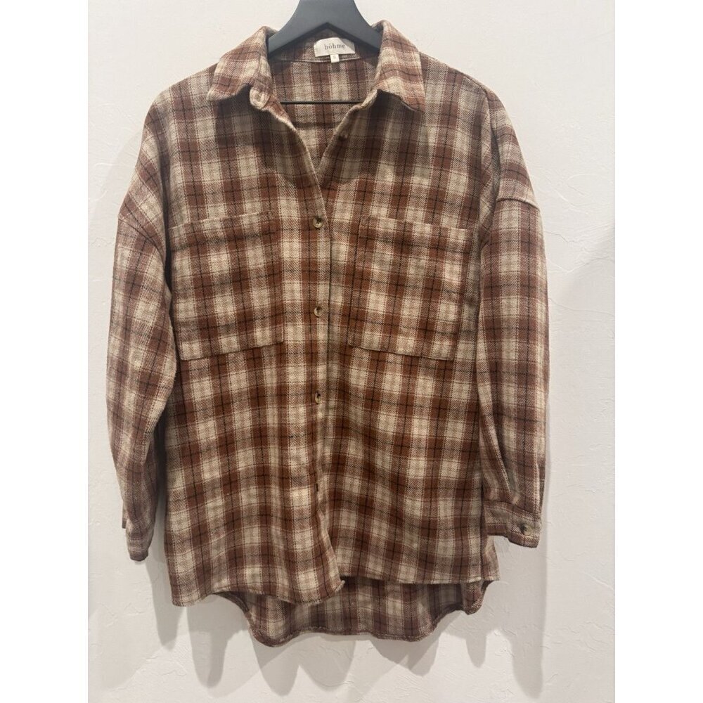 Böhme oversized brown and beige plaid flannel shacket Size Small Brown & White - Picture 2 of 16
